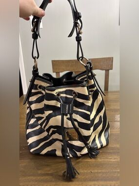 Dooney & Bourke Zebra Print Leather Drawstring Bucket Bag